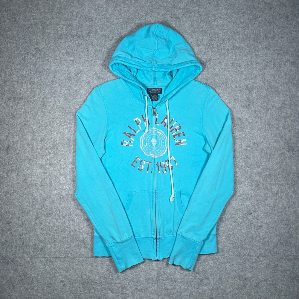 Ralph Lauren Polo Jeans Co Hoodie Womens Medium Blue Full Zip Graphic Y2K Sport